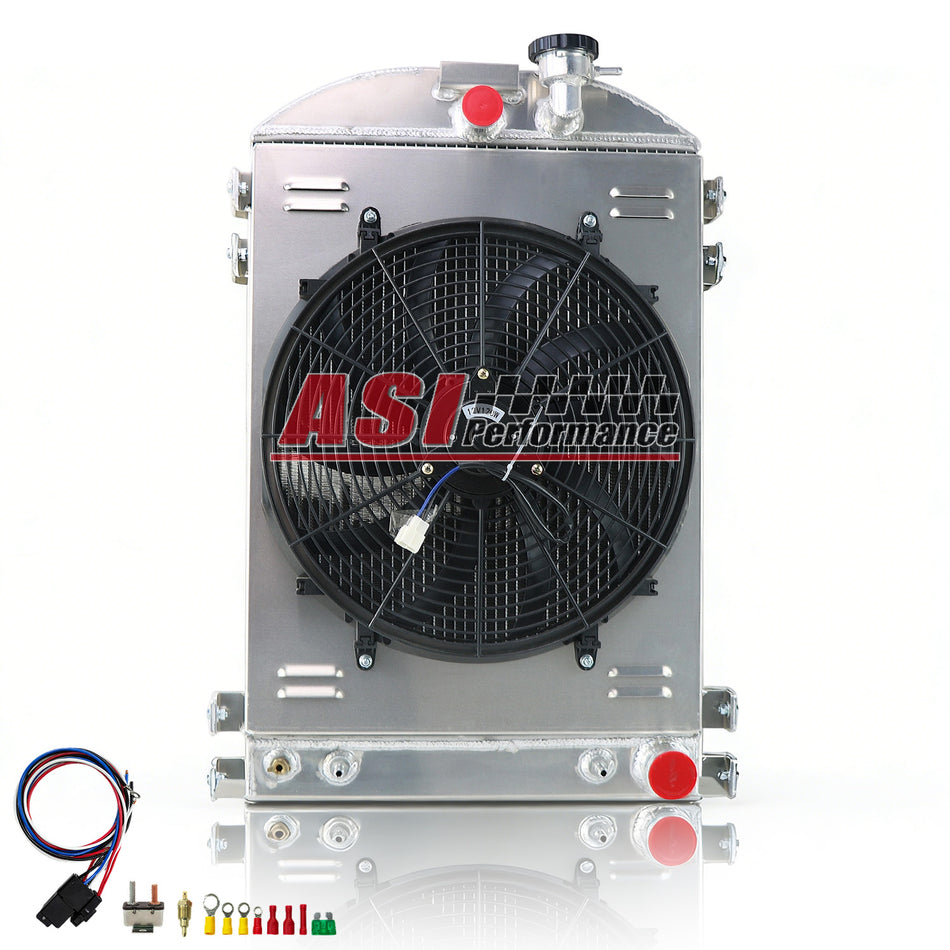 ASI Performance 4 Row Radiator with Shroud Fan For 1933-1935 Ford MODEL Hot Rod Chevy V8 Engine AT 28''Height x 19 4/5''Width