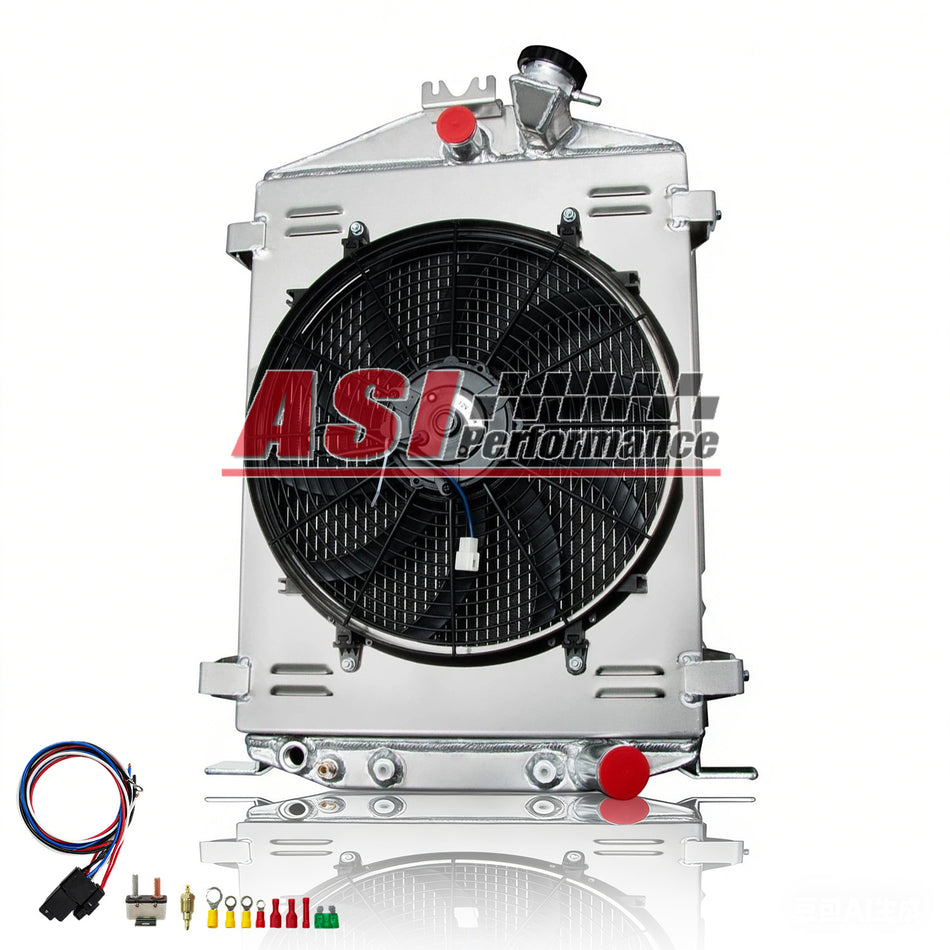 ASI Performance 3 Row Radiator Shroud+Fan For 1932 Ford Street Rat Rod High Boy Chevy V8 Engine