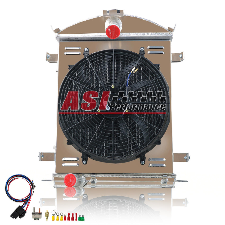 ASI Performance 4 Row Radiator with Shroud Fan Relay kit For 1928 29 Ford Model A Heavy Duty 3.3L L6 MT