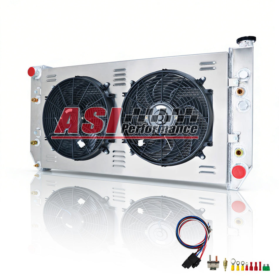 ASI Performance 4 Rows Radiator with Shroud Fan For 1982-93 Chevy C/K C10 C20 C30 2500 Truck Suburban 21-2/5 H x 40-1/2 W