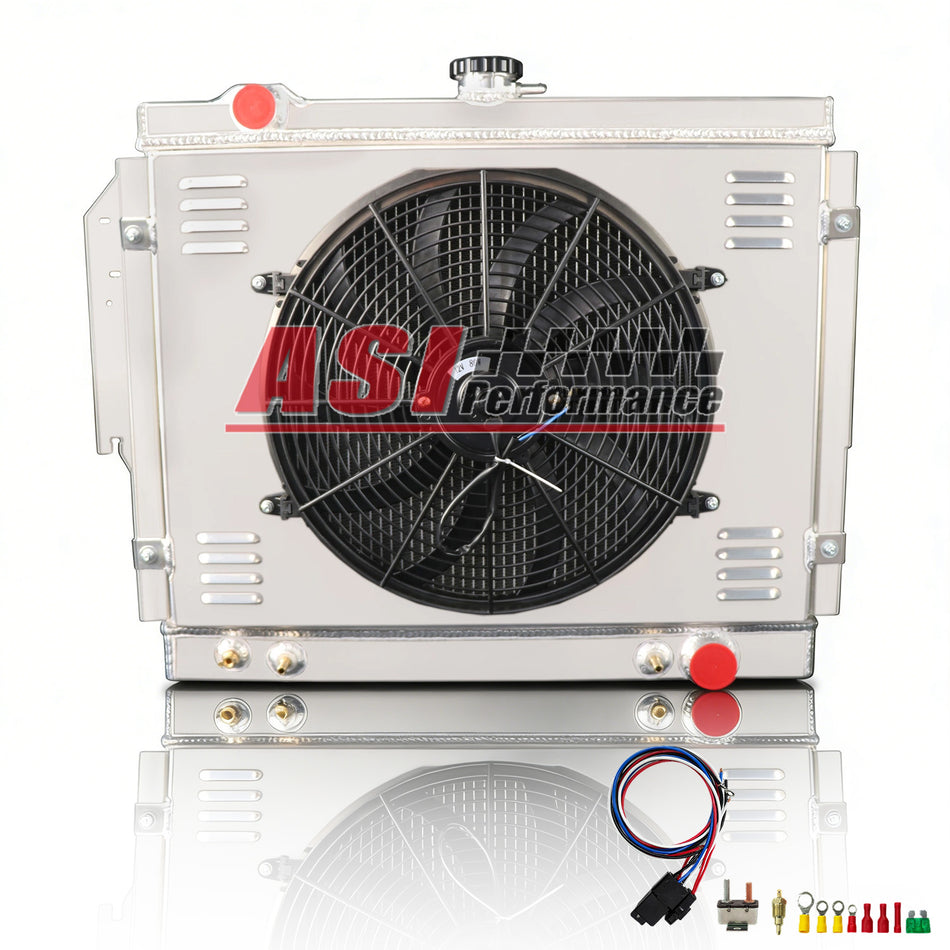 ASI Performance 4 Row Aluminum Radiator with Shroud Fans For 1979-1993 Dodge Ram Charger D/W 100 200 150 300 350 GAS
