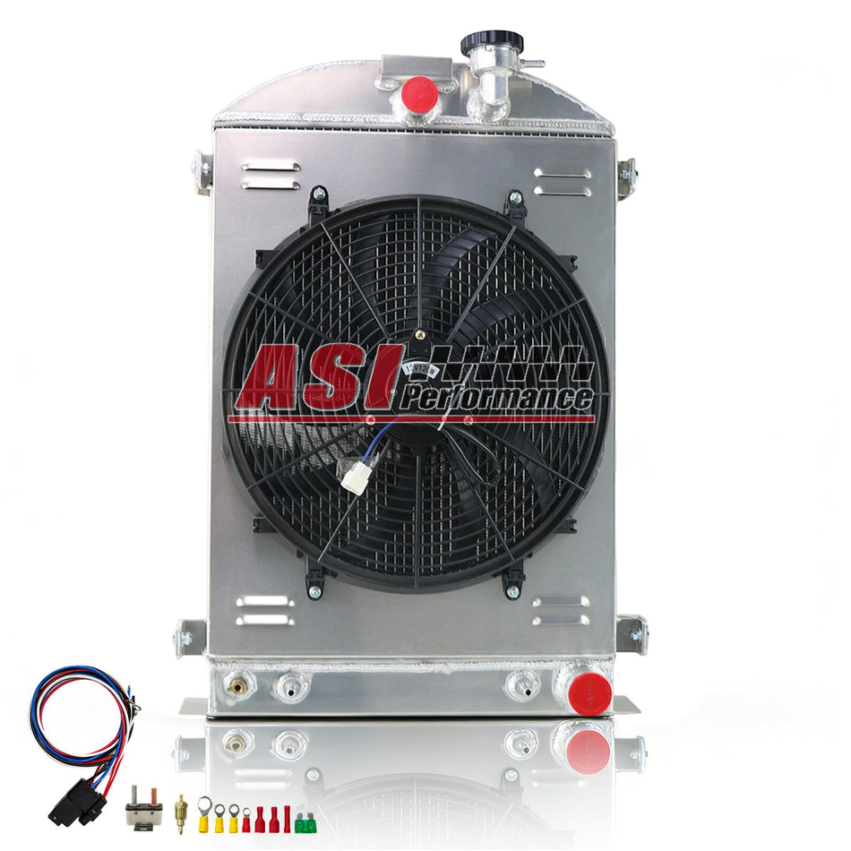 ASI Performance 3 Row Radiator with Shroud Fan For 1933-1935 Ford MODEL Hot Rod Chevy V8 Engine AT 28''Height x 19 4/5''Width