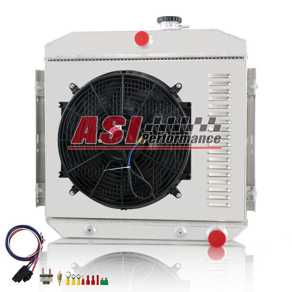 ASI Performance 3 Row Aluminum Radiator with Shroud Fan Relay For 1955-1957 Chevrolet Bel Air Nomad L6 24-1/2H x 23-3/4W